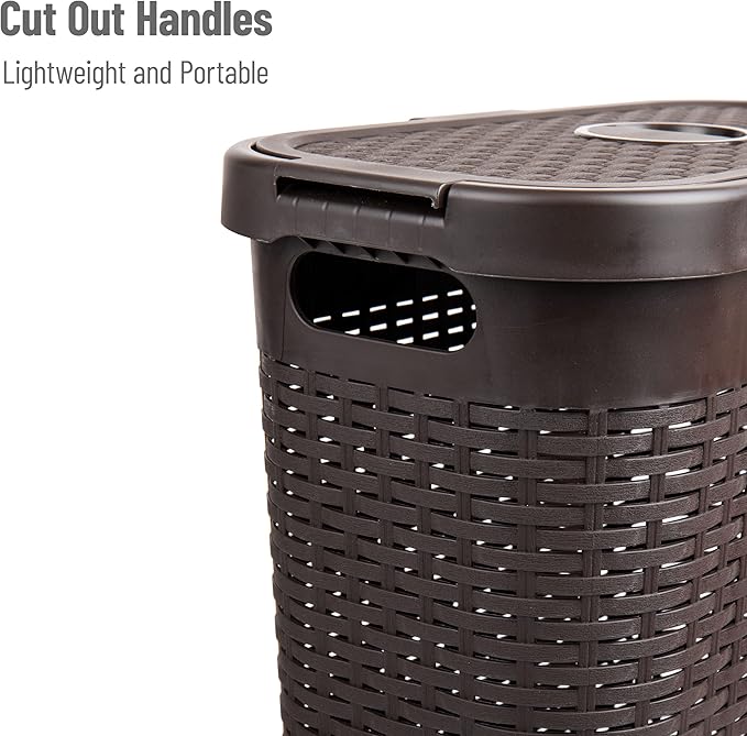 Mind Reader Slim Laundry Hamper with Lid 40L Clothes Basket Narrow Tapered Design with Ventilated Cutout Pattern Plastic Brown