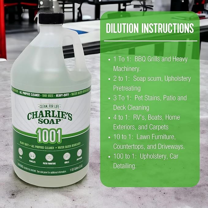 Charlie's Soap 1001 Cleaner - Heavy Duty Biodegradable Concentrated All Purpose Water Based Degreaser (1 Gallon 1 Pack) - Safe Residential Commercial &amp Janitorial Cleaner