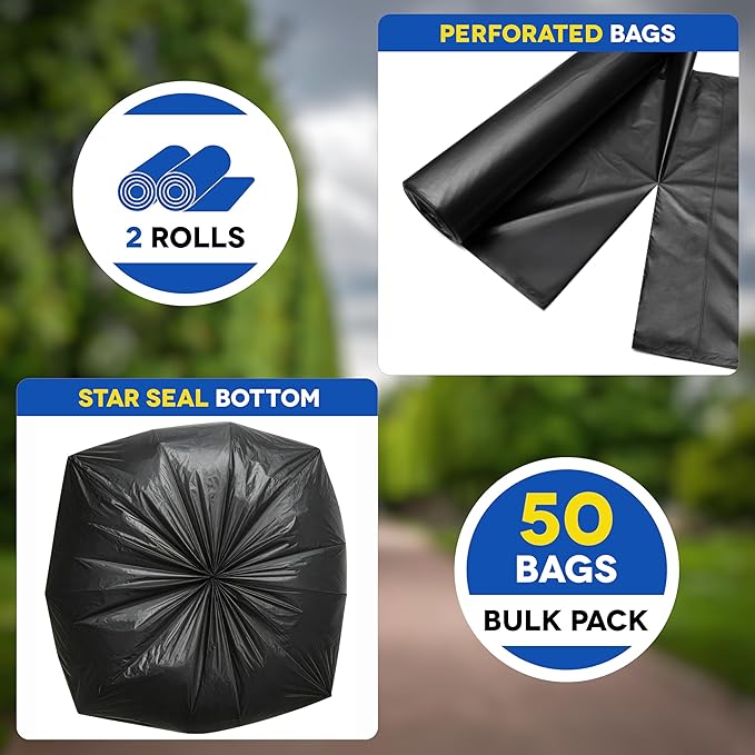 Large Trash Bags 55-60 Gallon | 50 Count Heavy Duty Black Garbage Bags | Unscented Leak Proof Bulk Pack for Office Industrial &amp Commercial Use - Made in USA