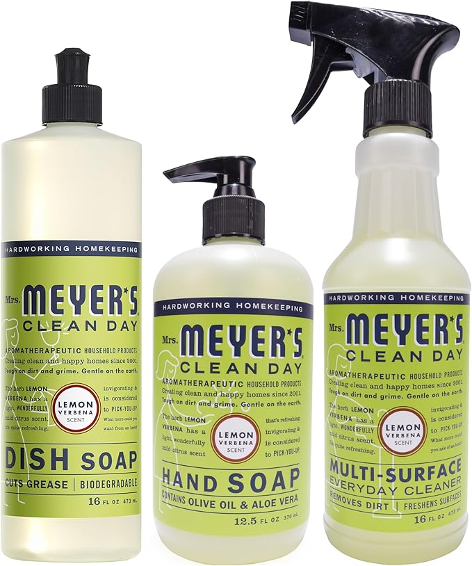 MRS. MEYER'S CLEAN DAY Kitchen Essentials Set Includes: Hand Soap Dish Soap and All Purpose Cleaner Lemon Verbena 3 Count Pack