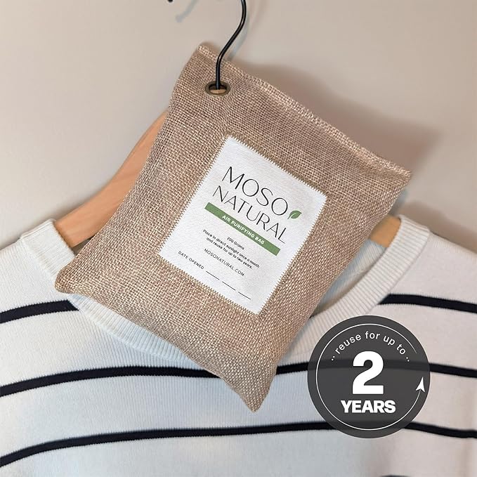 Moso Natural Air Purifying Bag 200g (4 Pack). A Scent Free Odor Eliminator for Cars Closets Bathrooms Pet Areas. Premium Moso Bamboo Charcoal Odor Absorber. Two Year Lifespan! (Natural Beige)
