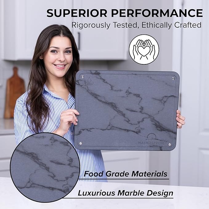 MATMOSPHERE Stone Drying Mat For Kitchen Counter Large Natural Dish Drying Mat Quick Drying And Fast Absorbing Sustainable Kitchen Accessories USA-Owned Business (Gray Marble 18 x 14)