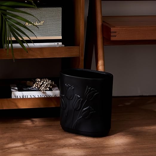 Black Ceramic Tulips Small Bathroom Trash Can 2.6 Gal (10 Liter) - Heavy &amp Decorative Garbage Bin for Bathroom Kitchen Office Bedroom &amp Living Room Corner