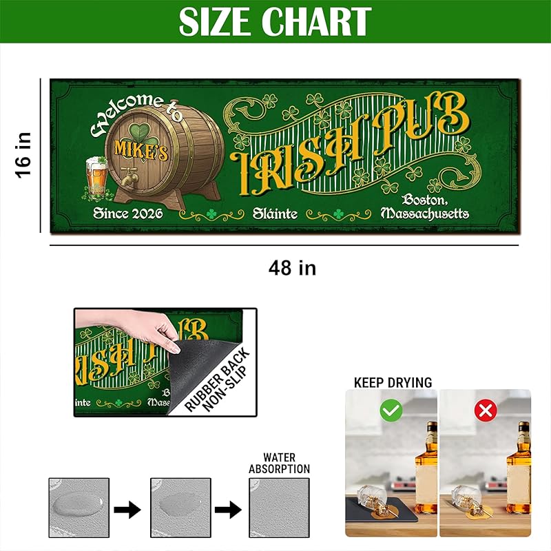 Personalized Irish Bar Mat St Patrick's Day Decor Bar Basement Lucky Shamrock Spill Barmat Dish Drying Mat Irish Decor (03)