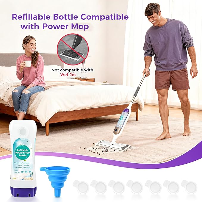 Refillable Bottle for Swiffer® Power Mop™ - 720 ML/24 FL OZ - Leak-Proof HDPE Material Solution Bottle 2 Empty Bottle + 14 Silicone Pads + 1 Funnel Easy Install for Use with Any Cleaning Solution