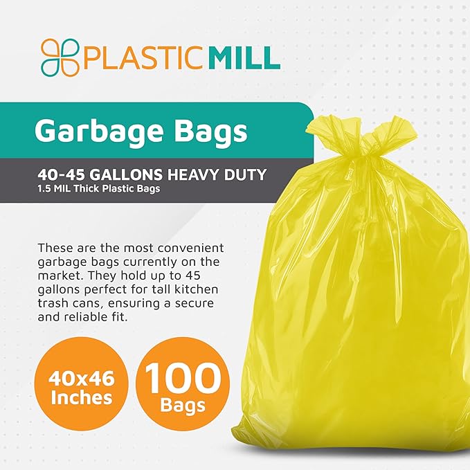 PlasticMill Heavy Duty Trash Bags - Yellow Garbage Bags - Plastic Trash Bags - Tall Trash Bags Trash Can Liners - 40-45 Gallon Large Kitchen Trash Bags 1.5 Mil 40x46 (100-Count)