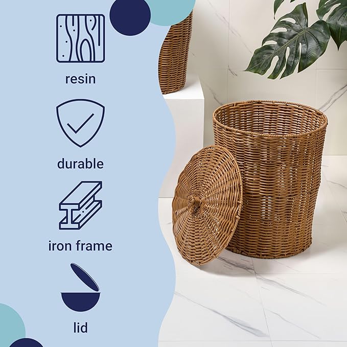 happimess HPM1406B-SET2 Ollie Coastal Contemporary Resin 4.7-Gallon Tapered Round Wicker Watebasket with Lid Brown (Set of 2)