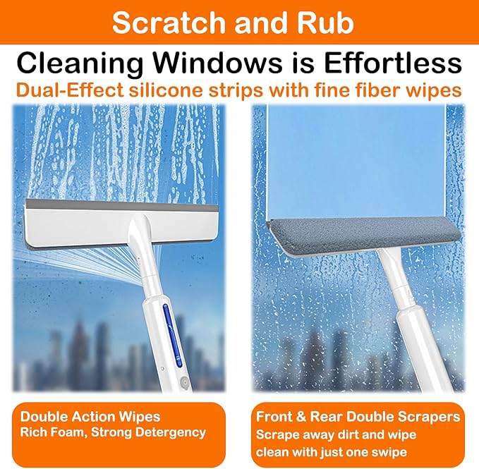 RV Window Cleaning Squeegee with Spray Max 73.3 Handle Motorhome &amp Camper Exterior Glass Cleaner 3-in-1 Spray Mop for High Windows Home &amp Car