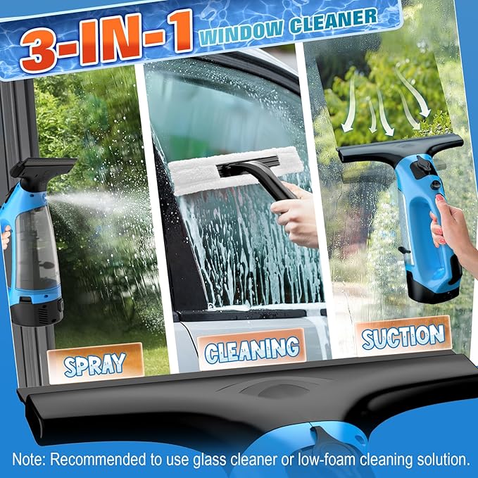 3 in 1 Rechargeable Window Vacuum Squeegee Cordless with 10 inch Blade Window Cleaner for Efficiently Spraying Wiping and Vacuuming Windows Mirrors Shower Glass Tiles and Countertops Blue