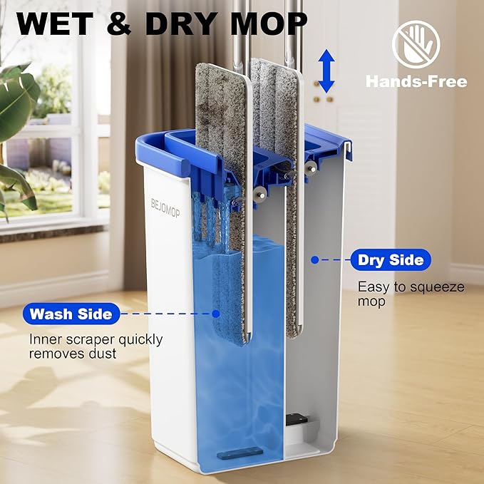 Mop and Bucket Set Mops for Floor Cleaning with Long Handle Squeeze Flat Mop and Bucket System Dry &amp Wet Dust Mops for Household Floor Cleaning with 3 Microfiber Mops Slate Blue