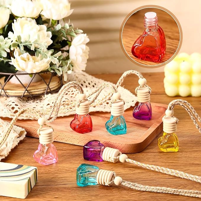 50 Pcs 6ml Hanging Car Air Diffuser Bottle Empty Glass Perfume Air Freshener Heart Love Bottle Diffuser Pendant Valentine's Day Essential Oil Fragrance Aromatherapy Ornament (Multicolor)