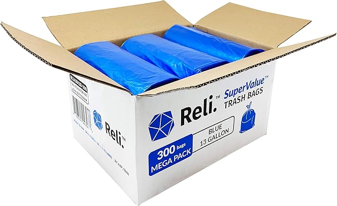 Reli. SuperValue 13 Gallon Recycling Bags | 300 Count | Tall Kitchen | Blue Trash Bags