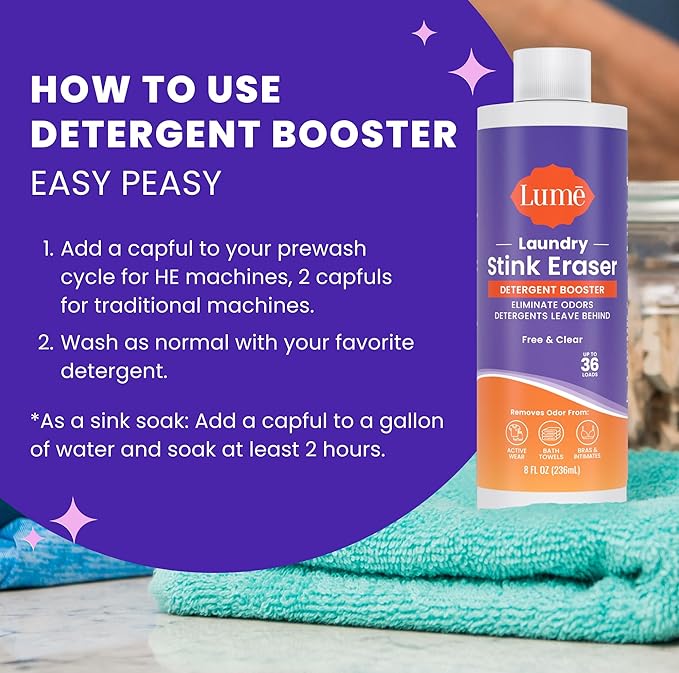 Lume Laundry Stink Eraser - Detergent Booster &amp Sink Soak - Eliminates Body Odor In Clothes - Odor Blasting Enzyme Blend - Makes Your Detergent Work Better - Free And Clear - 8 fluid ounces (2 Pac