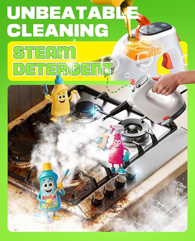 POPCHOSE Steam Cleaner with Detergent Dispenser 15s Heat-Up Handheld Steam Cleaner for Home 500ml Removable Water Tank Lightweight Portable Steamer for Cleaning Grout Windows Kitchen Easy Refill