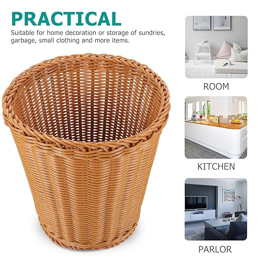 Amosfun Rattan Waste Baskets Round Woven Trash Can Wicker Garbage Containers Bin Rustic Flower Baskets Laundry Hamper for Home Bathroom Kitchen Office Brown