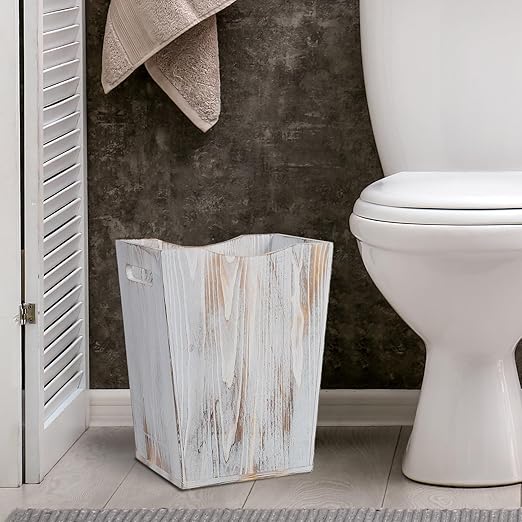Farmhouse Style Wood wastebaskets Rustic Trash Can with Two Cutout Handles Waste Bin for BedroomLiving Room Bathroom &amp Office Kithen Garbage Container (Washed White)