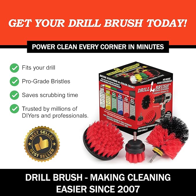 Drillbrush Heavy Duty Stiff Bristle Brush Kit – Power Scrubber Attachment for Concrete Brick Siding Stone Driveways Fireplaces Hard Water Stains Gravestone &amp Cemetery Headstone Cleaning Bru