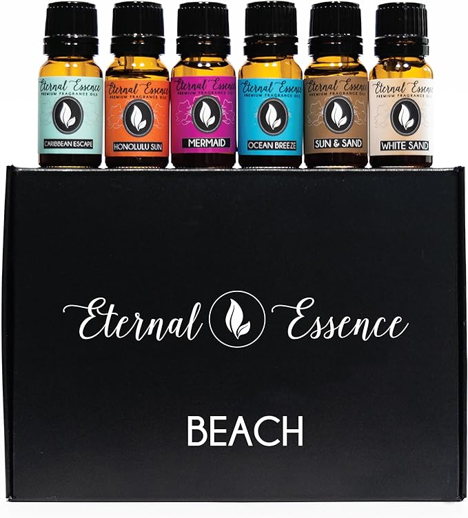 Eternal Essence Oils Beach Set of 6 Premium Fragrance Oils - Includes White Sand Ocean Breeze Honolulu Sun Mermaid Caribbean Escape and Sun &amp Sand Scented Oils - 10ML