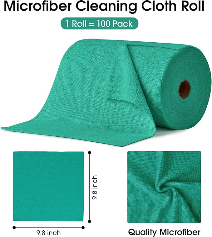 KitchLife Microfiber Cleaning Cloth Roll 100 Pack - Tear-Away Microfiber Paper Towels Lint-Free Reusable Washable for Kitchen Car Dishes and Sensitive Surfaces (Forest Green)
