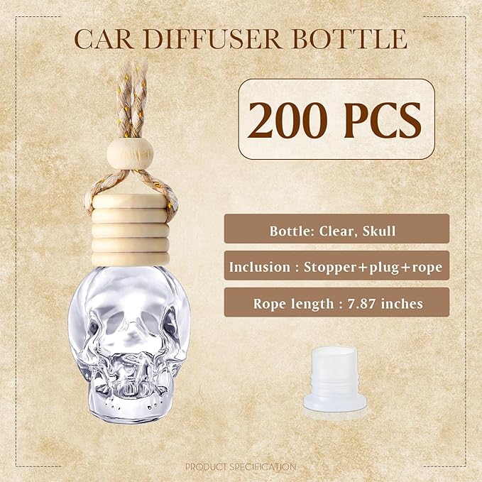 BBTO 200 Pcs Hanging Car Diffuser Bottles Bulk Empty Clear Glass Air Freshener Bottles with Wooden Cap for Perfume Essential Oils Fragrance Aromatherapy Ornament(Skull)
