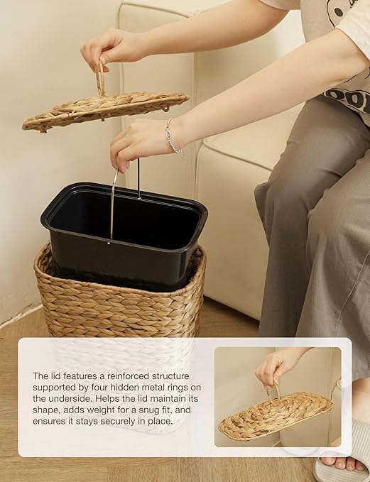 3 GALLONS Wicker Waste Basket - Wicker Trash Can with Lid - Water Hyacinth Bathroom Garbage Can with a Lid - Bathroom Trash Can Boho Style - Removable Liner Iron Frame (Natural 3 Gallons)