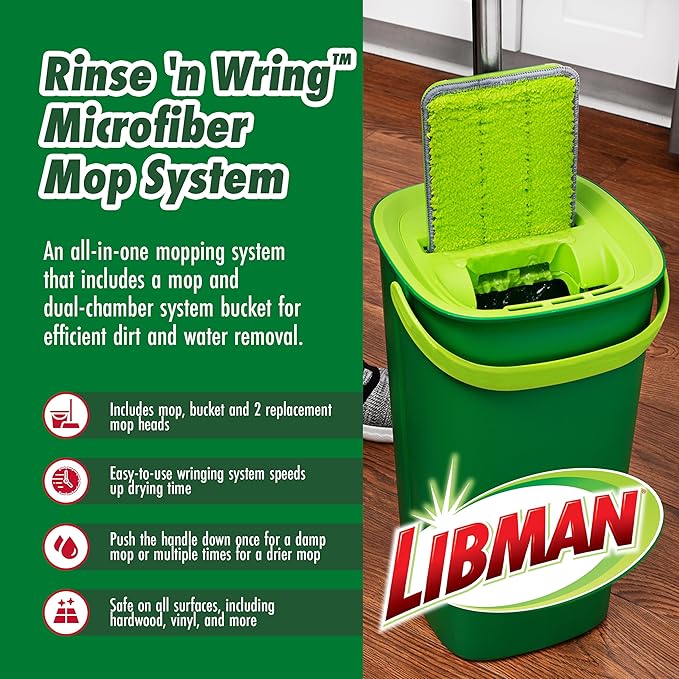 Libman Rinse 'n Wring Mop and Bucket System Microfiber Dry Wet Mop for Floor Cleaning Hardwood Laminate Tile Cleaner Dual Chamber Bucket Design 2 Total Refill Replacement Head Pads
