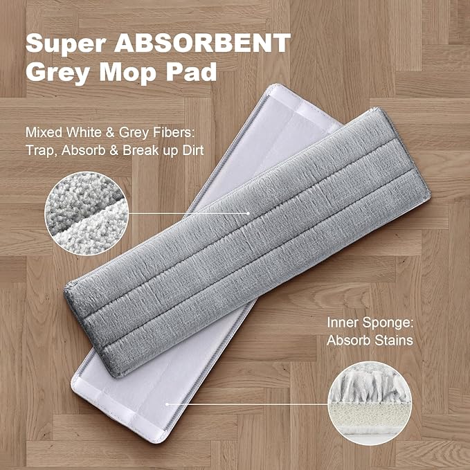 JOYBOS Mop and Bucket Set for Home Floor Cleaning Hands Free Flat Mop Stainless-Steel Handle 6 Washable &amp Reusable Microfiber Pads