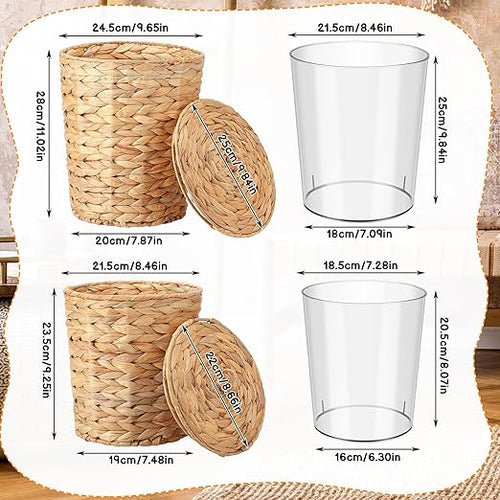 2 Pcs Wicker Trash Can with Lid and Liner 2.7 Gallon and 1.88 Gallon Wastebasket Garbage Can Boho Storage Basket for Bathroom Bedroom Home Office Kitchen