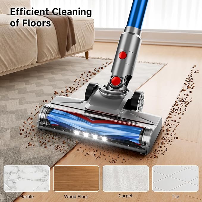 Cordless Vacuum Cleaner Powerful Stick Vacuum Cleaner for Home with Rechargeable Battery 6-in-1 Lightweight Handheld Vacuum 45 Mins Runtime for Hardfloor &amp Carpets Pet Hair (Blue)