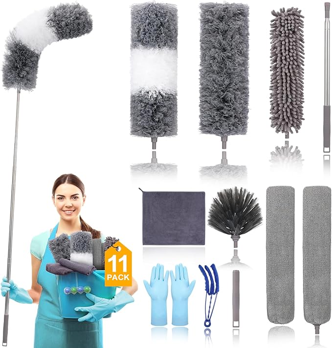 Microfiber Extendable Feather Duster (11pcs) with 100 Extension Pole Washable Reusable Bendable Dusters for Cleaning Ceiling Fan High Ceiling TV Blinds Cars