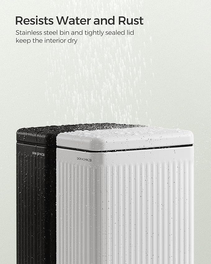 SONGMICS Bathroom Trash Can 2.6-Gallon (10 L) Trash Bin with Lid Slim for Small Spaces Stainless Steel Garbage Can Soft Close White ULTB562W01
