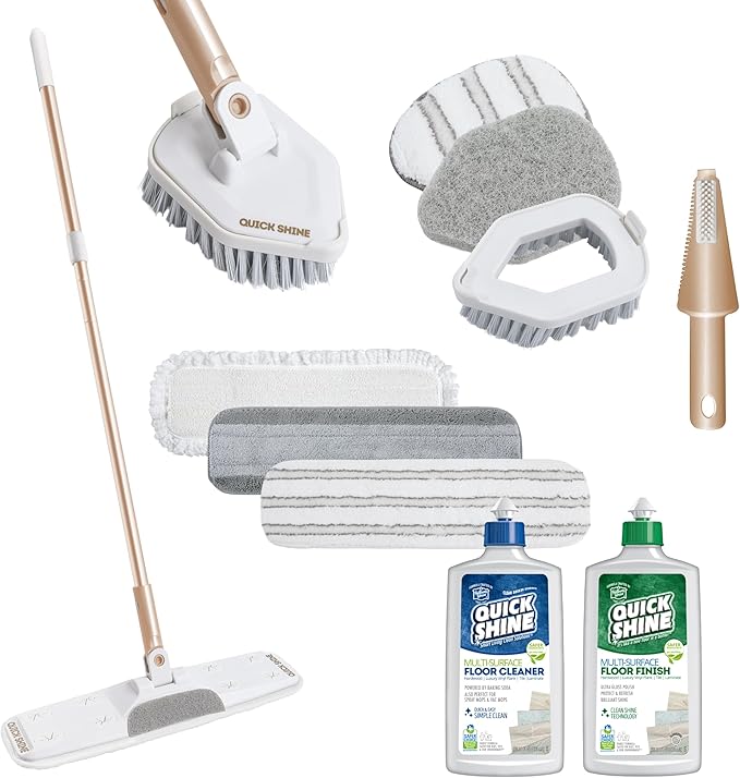 Quick Shine Ultimate Gold Clean + Polish Mop Kit | All-in-One 11 Pc Kit w/Interchangeable Attachments | Cleaner &amp Polish Included | No Batteries Needed | All Floors Pro Cleaning System | 2-in-1 Mo