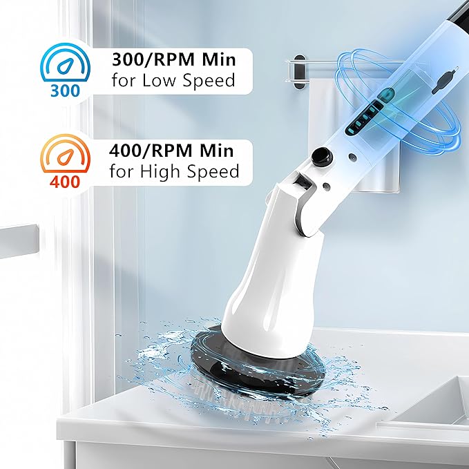 Electric Spin Scrubber Hillyfe Bathroom Scrubber Electric with 7 Replaceable Brush Heads IPX7 Waterproof300/400 RPM 3 Adjustable LengthScrubber Brush Electric for Bathtub FloorWhite