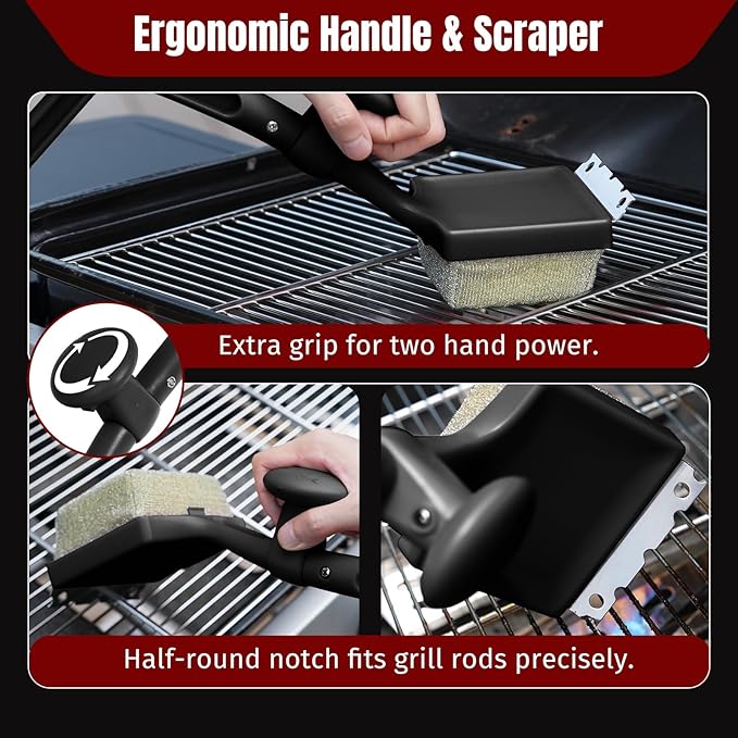 Grill Brush Bristle Free with Aramid Fiber - 600°F Heat Resistant Steam Cleaning Brush Dual Handle BBQ Grill Cleaning Brush with Scraper Replaceable Head for Outdoor Grill Weber Traeger Grates