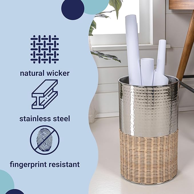 happimess HPM1102B Asher Modern 4.13-Gallon 2-Tone Natural Wicker/Metal Cylinder Waste Basket Chrome/Natural for Home Bathroom Living Room Office Bedroom Kitchen