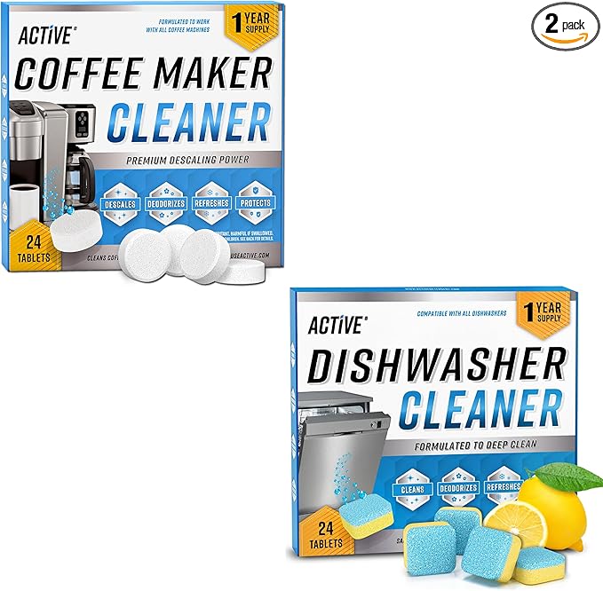 ACTIVE Coffee Maker Cleaner and Dishwasher Cleaner - Includes 24ct Coffee Maker Cleaning Tablets and 24ct Dishwasher Cleaning Tablets