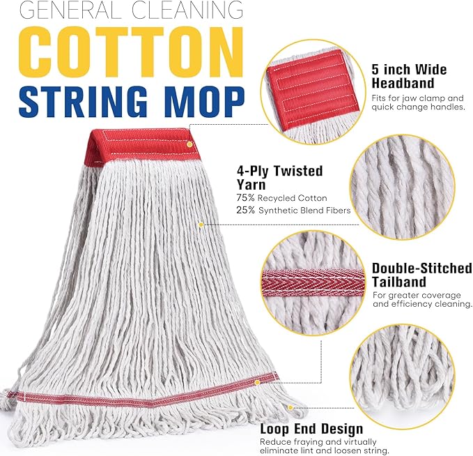 Matthew Cleaning Commercial Mop Head Replacement 5 Inch Wide Headband Looped End Cotton Blend String Wet Mops for Floor Cleaning 18 oz Medium Case Pack 12 Pcs White