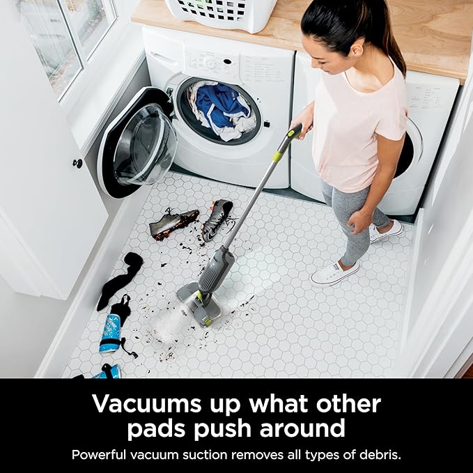 Shark VACMOP Cordless Hard Floor Cleaner Vacuum and Spray Mop Powerful Suction Lightweight LED Headlights Includes 4 Disposable Pads 12oz Multi-Surface Cleaning Solution Gray VM252