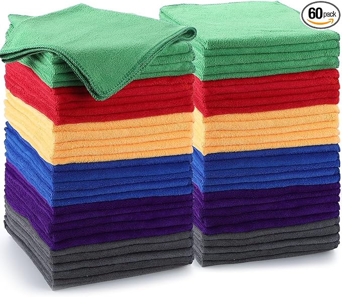 Nuenen 60 Pcs Microfiber Cleaning Cloths for Cars 16 x 16 Inch Ultra Absorbent Car Towels Drying Reusable Cleaning Supplies House Kitchen Window Microfiber Towel (6 Color)