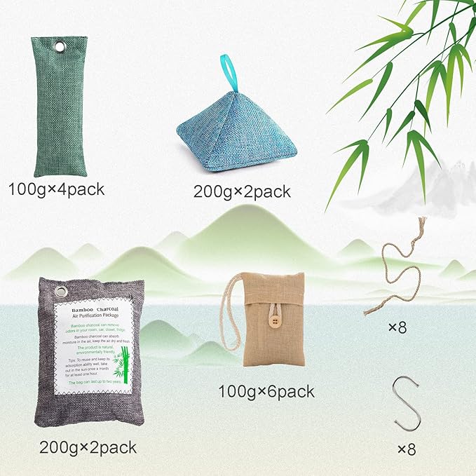 Charcoal Bags Odor Absorber (10x100g+4x200g) Activated Bamboo Charcoal Air Purifying Bags Charcoal Odor Eliminating Bags for Home &amp Car Shoes Closet Pet -14 PACK