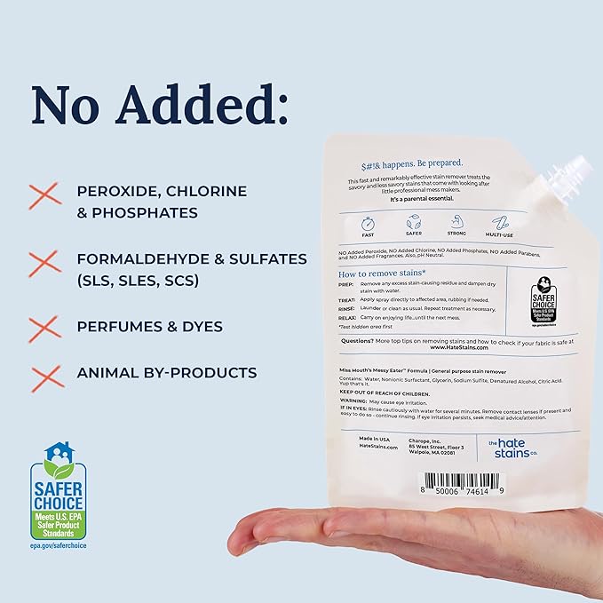 Miss Mouth's Messy Eater Stain Treater - 4oz 2-Pack Spray &amp 16oz Refill Pouch - Laundry Spot Cleaner for Baby Clothes Carpet &amp Fabric