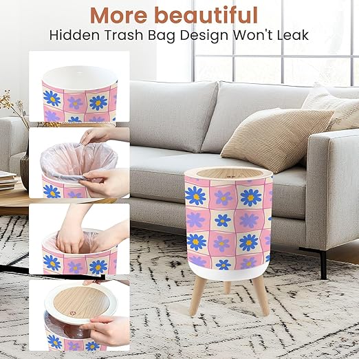 Bathroom Trash Can with Lid Retro Checkered Seamless Hand Drawn Daisy Flowers Wavy Lines Pink Blue Garbage Bin Waste Basket for Kitchen Office Bedroom Decoration Diaper Pail 1.8 Gallon