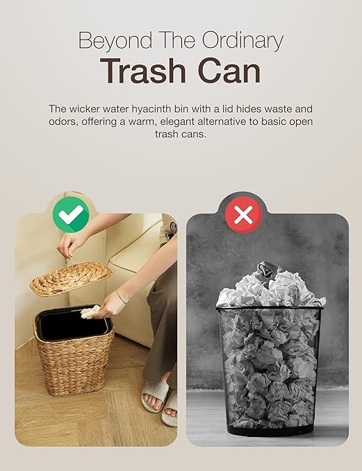 3 GALLONS Wicker Waste Basket - Wicker Trash Can with Lid - Water Hyacinth Bathroom Garbage Can with a Lid - Bathroom Trash Can Boho Style - Removable Liner Iron Frame (Natural 3 Gallons)