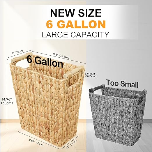 6 Gallon Wicker Trash Can with Wooden HandleWicker Waste Basket for BathroomBedroomLarge Narrow Water Hyacinth Trash BasketRattan Boho Decor Farmhouse Bathroom Trash Can