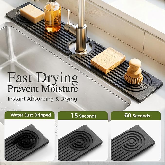 2 Pack Stone Faucet Mat for Kitchen Sink Absorbing Drying Stone Mat Prevent Moisture Sink Splash Guard WaterNatural Diatomite Stone Tray for Bathroom Counter 23.6*3.9inch (White+Grey)