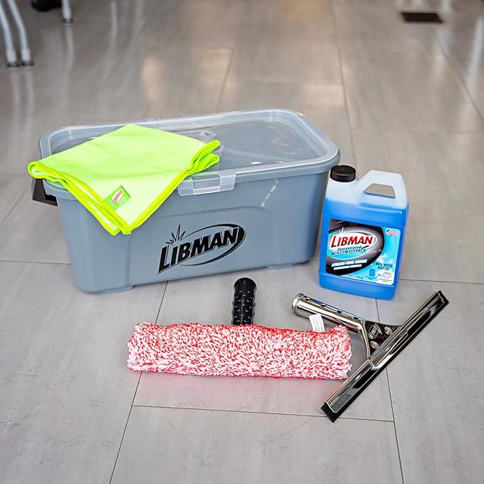 Libman Window Cleaning Kit – All-in-One Window Washing System with Bucket Stainless Steel Squeegee Microfiber Washer Glass Cloth &amp 24oz Cleaner – Pro Quality – Refillable – Streak-Free