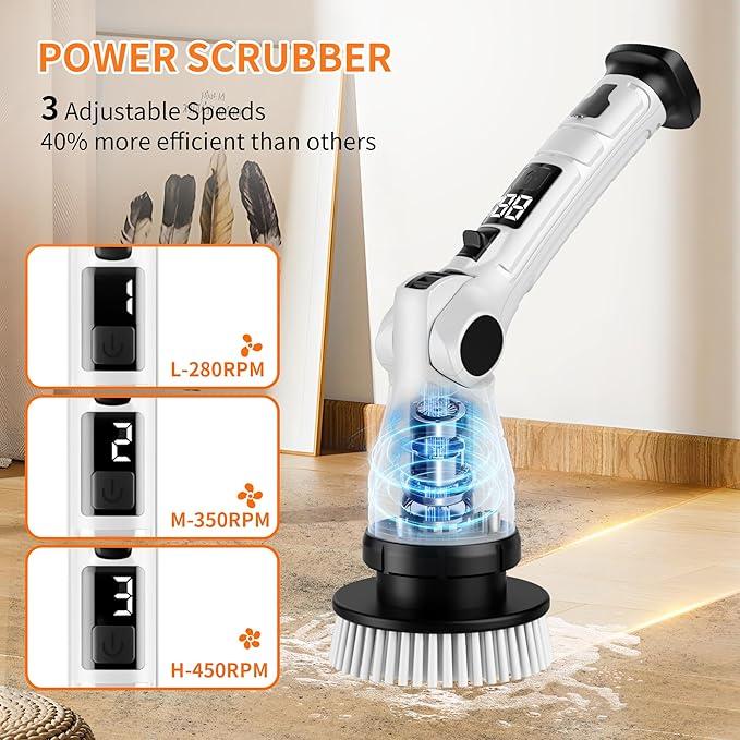 Electric Spin Scrubber Power Electric Scrubber for Cleaning Shower Cordless Cleaning Brush with 6 Adjustable Angles8 Brush Heads 3 Speed Mode Electric Cleaning Brush for Bathroom/Tub/Floor/Tile