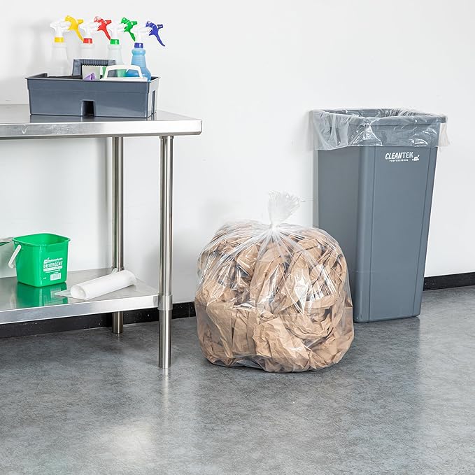 Restaurantware-RW Clean 33 Gallon Trash Bags 100 Medium-Duty Garbage Can Liners- Fits 33-39 Gallon Trash Cans Stretchable Clear Plastic Bin liners with Star Seal Bottom