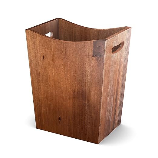 Wood Waste Basket 2 Gallon Rectangular Trash Can with Handles Water-Resistant Lacquer Finish Compact for Bathroom Bedroom Office