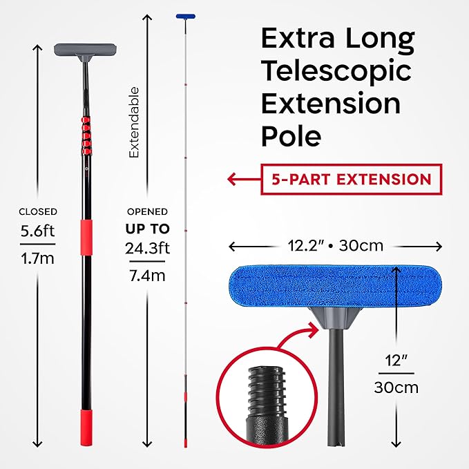 Tyroler Professional Window Squeegee with Extension Pole | 5.6-24.3ft Squeegee for Windows Cleaning | Outdoor Window Cleaner Tool Windows Washing Kit with Extension Pole | Window Cleaning Kit